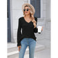 Bettie Black Lace Trim V Neck Ribbed Long Sleeve Top