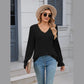 Bettie Black Lace Trim V Neck Ribbed Long Sleeve Top