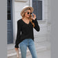 Bettie Black Lace Trim V Neck Ribbed Long Sleeve Top