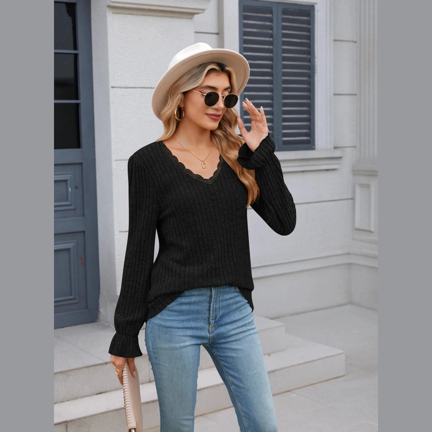 Bettie Black Lace Trim V Neck Ribbed Long Sleeve Top