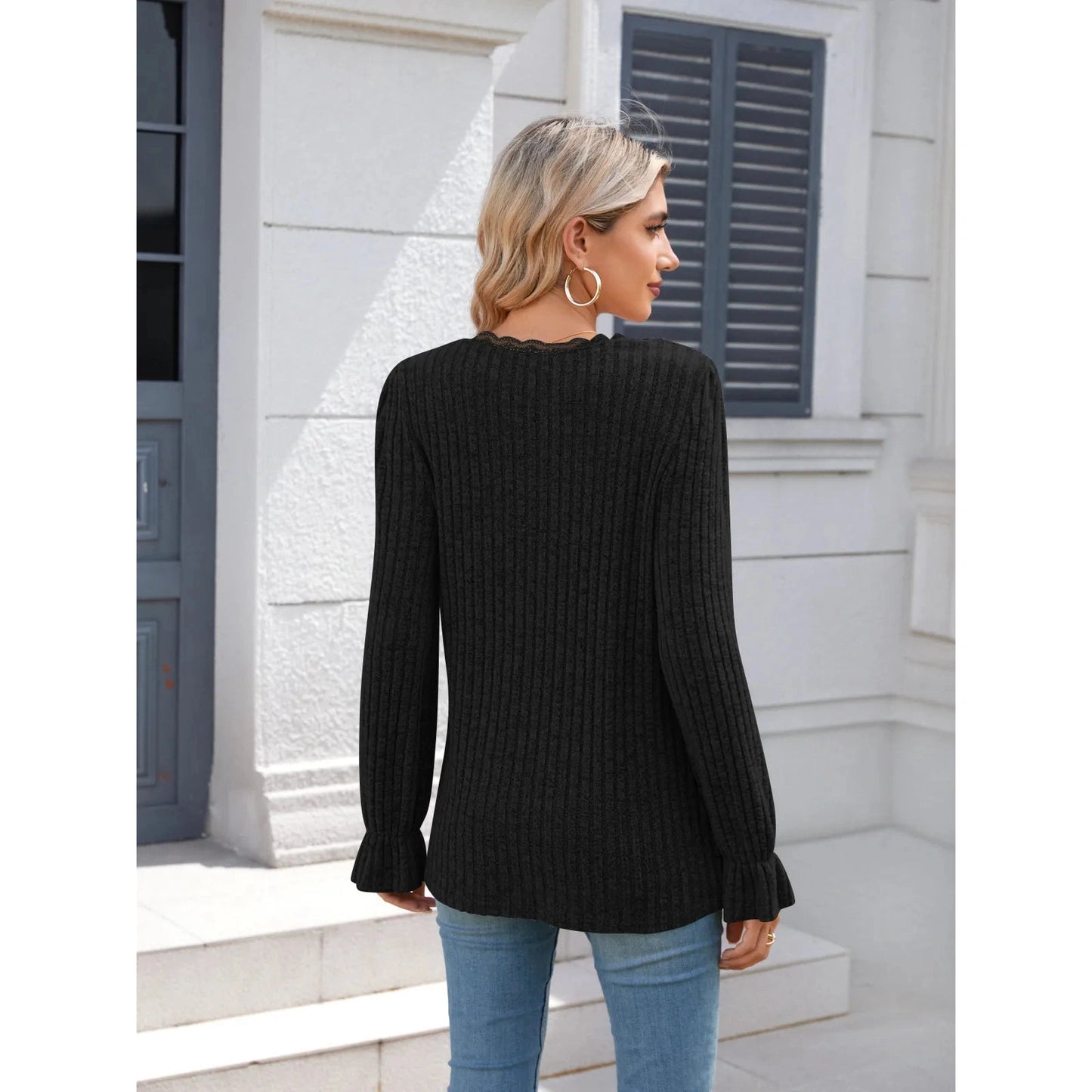 Bettie Black Lace Trim V Neck Ribbed Long Sleeve Top
