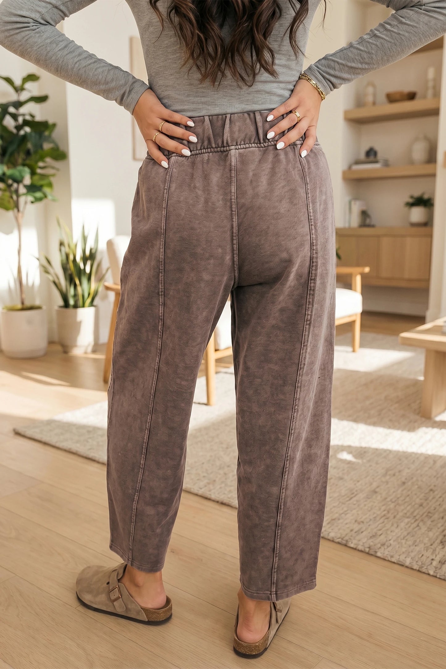 Bey Coffee Mineral Wash Seam Detail Elastic Waist Barrel Pants