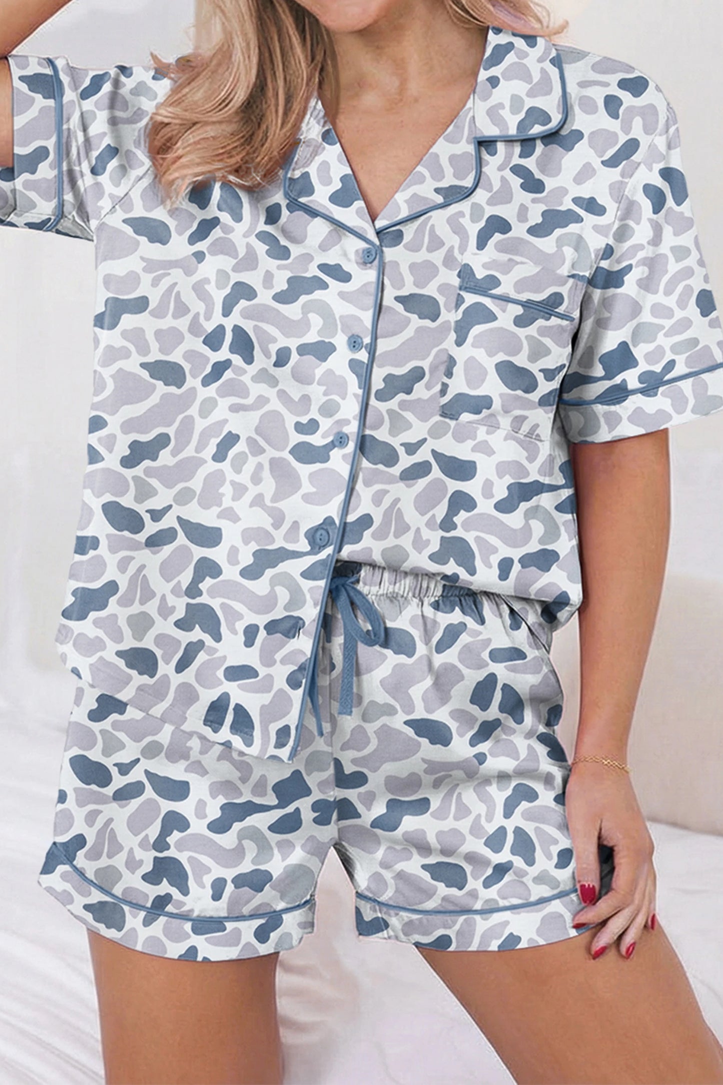 SALE!!!  Bibbi Camouflage Print Lapel Shirt Drawstring 2pcs Short Pajama Set