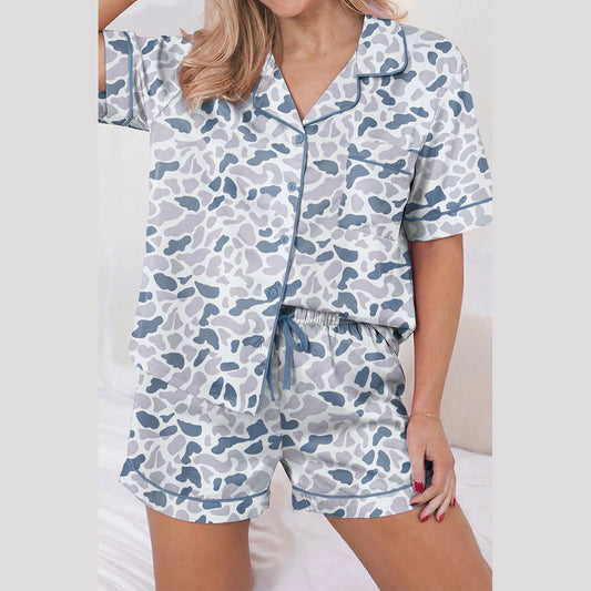SALE!!!  Bibbi Camouflage Print Lapel Shirt Drawstring 2pcs Short Pajama Set
