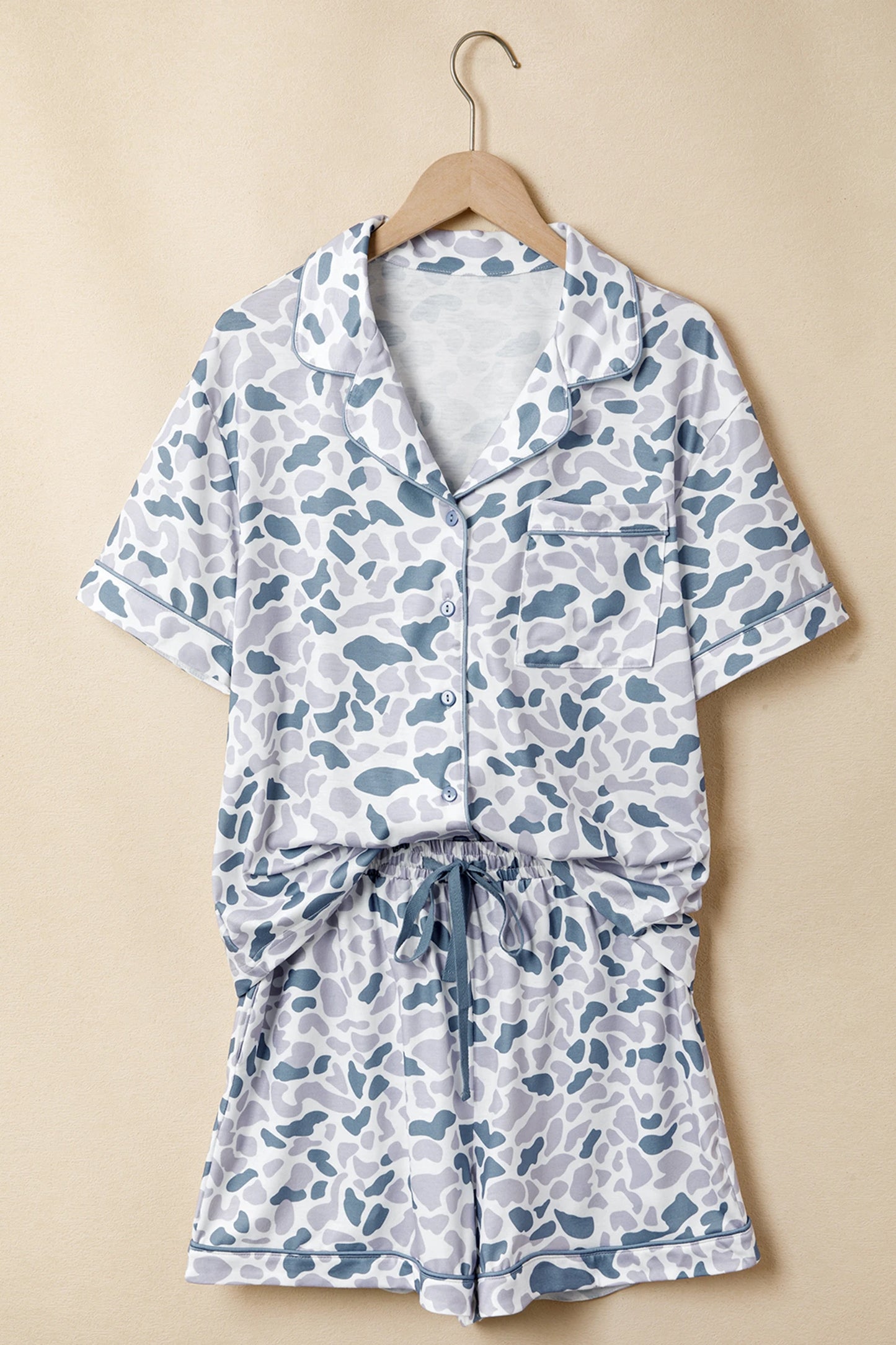 SALE!!!  Bibbi Camouflage Print Lapel Shirt Drawstring 2pcs Short Pajama Set