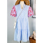 Binky Sky Blue Stripe Contrast Floral Puff Sleeve Tiered Ruffle Dress