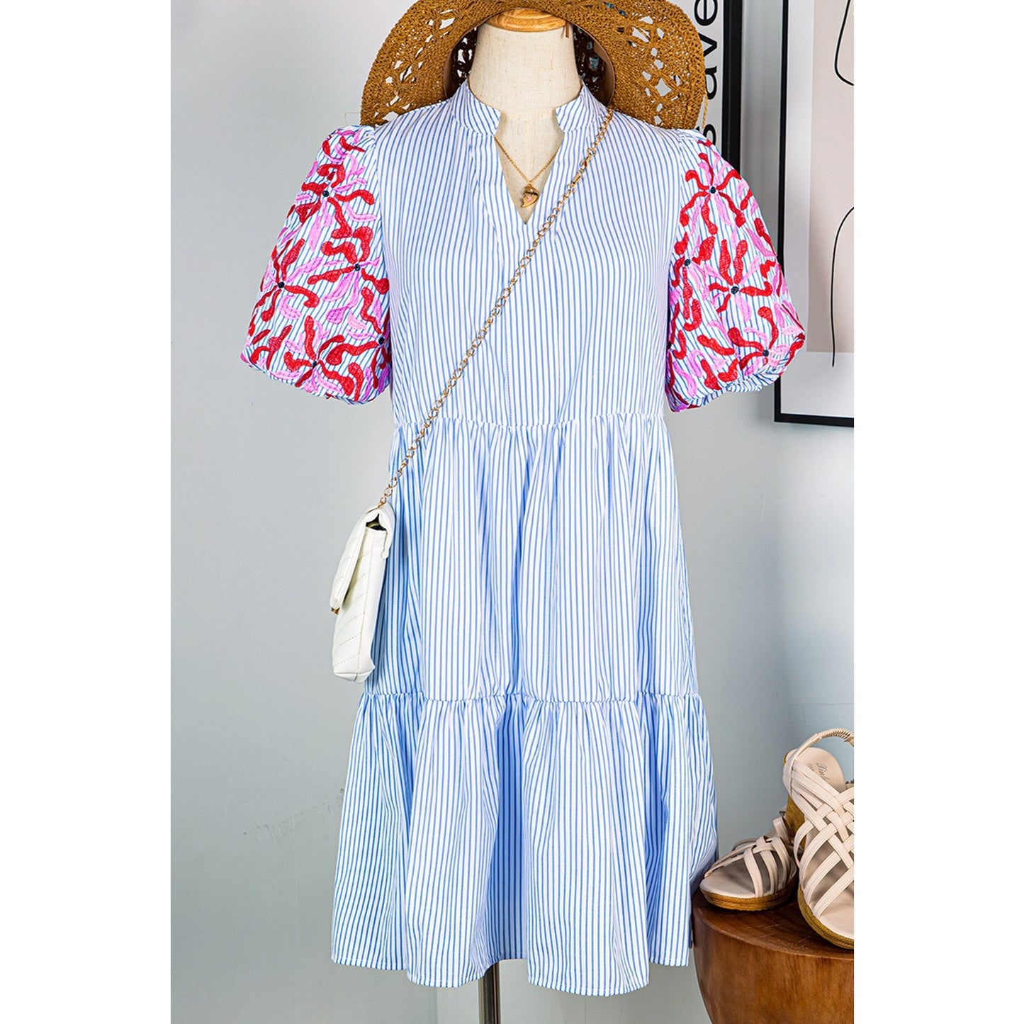 Binky Sky Blue Stripe Contrast Floral Puff Sleeve Tiered Ruffle Dress