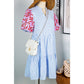 Binky Sky Blue Stripe Contrast Floral Puff Sleeve Tiered Ruffle Dress