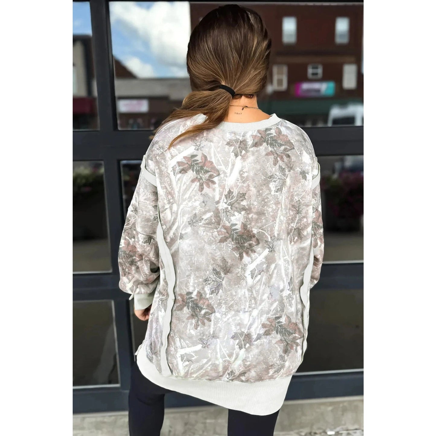 Binky Leafy Camo Print Exposed Seam Patchwork Baggy Slit Sweatshirt