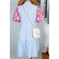 Binky Sky Blue Stripe Contrast Floral Puff Sleeve Tiered Ruffle Dress