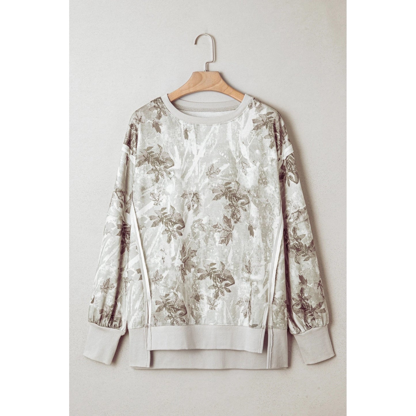 Binky Leafy Camo Print Exposed Seam Patchwork Baggy Slit Sweatshirt