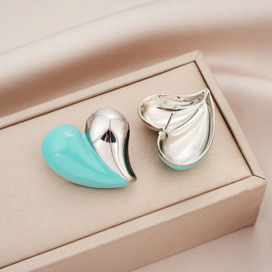 Blue Silver Heart Stud Earrings