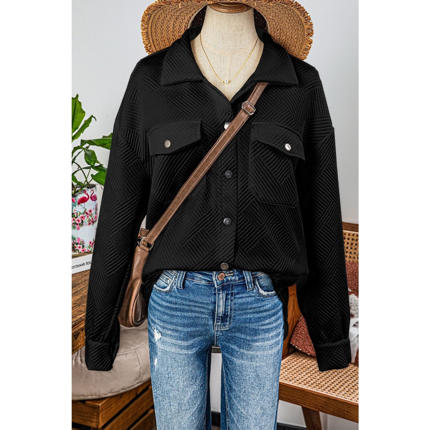 Gladis Black Solid Textured Flap Pocket Buttoned Shacket