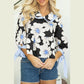 Arabella Black Floral Print Striped Tie Sleeve Collared V Neck Blouse