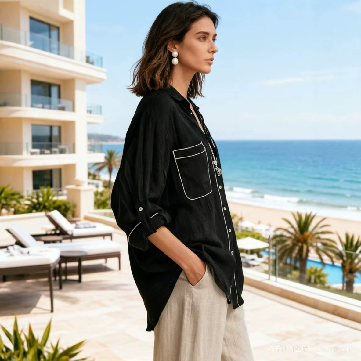 Clementine Black Contrast Piped Button‑Up Blouse