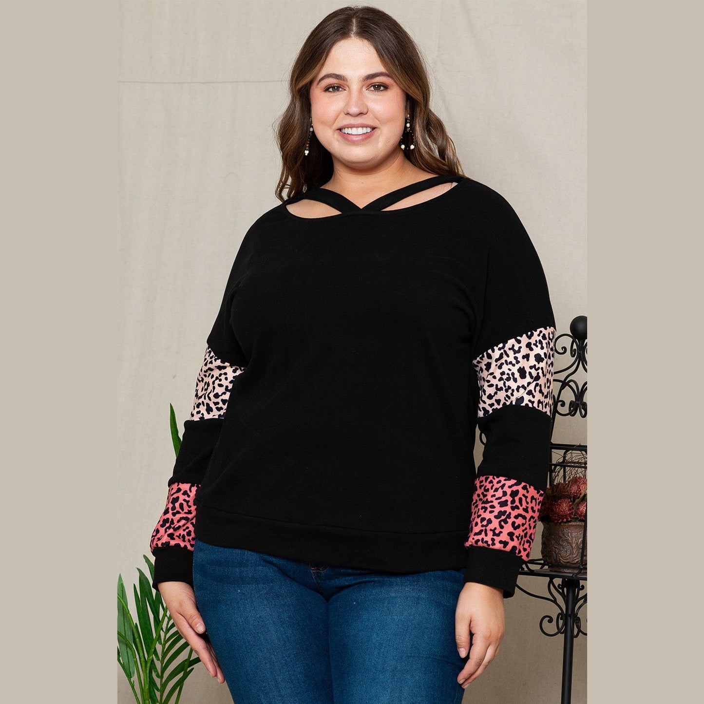 RTS Black Plus Size Leopard Patchwork Strappy Neck Top