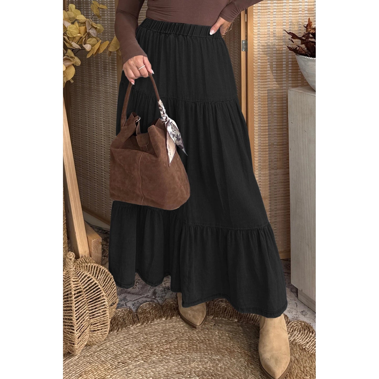 Erin Rose Black Elastic Waist Ruffled Tiered Flared Denim Maxi Skirt