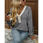 Libby Striped V Neck Waffle Knit Henley Long Sleeve Top