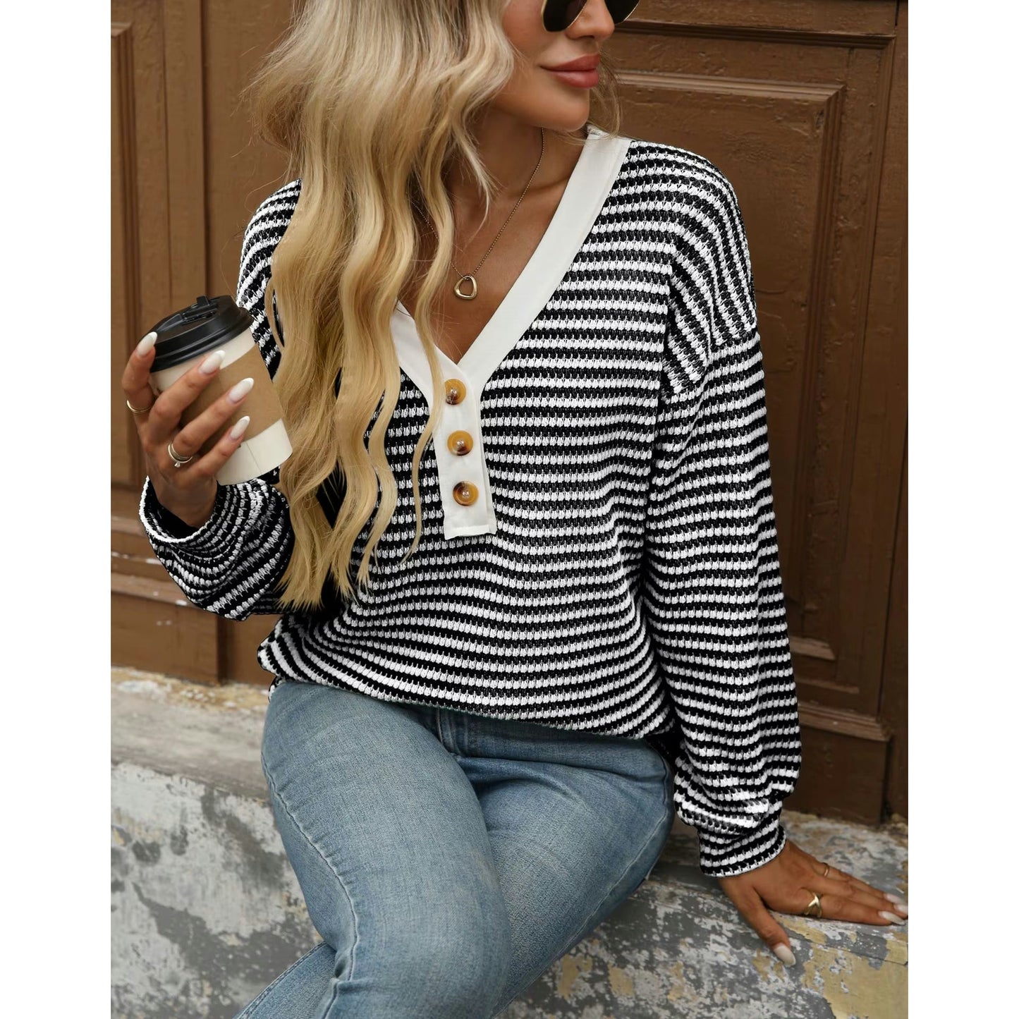 Libby Striped V Neck Waffle Knit Henley Long Sleeve Top