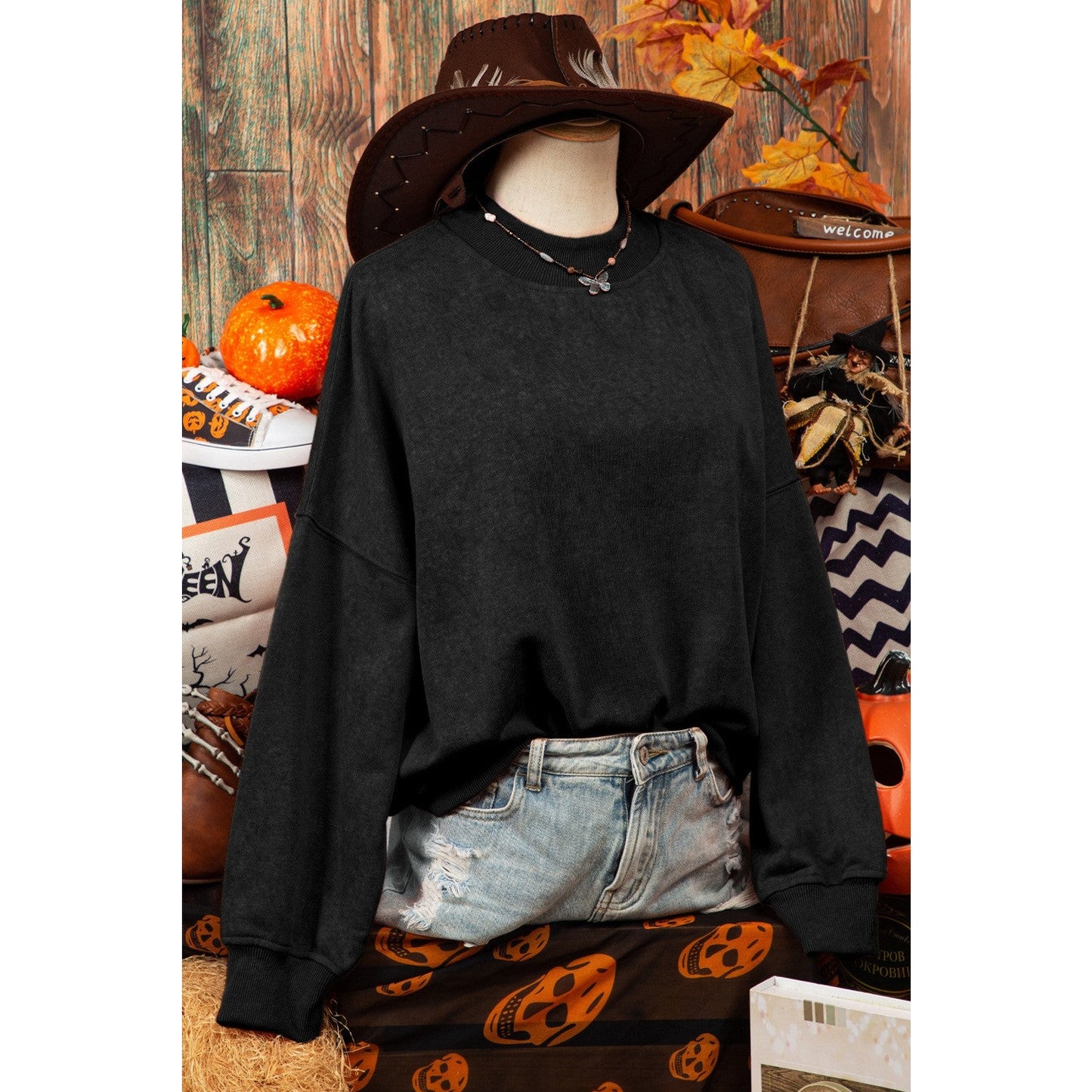 Kharlie Black Drop Shoulder Crew Neck Pullover Sweatshirt