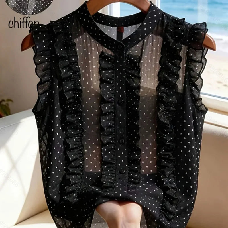 Sheree Black Ruffle Dot Sheer Chiffon Blouse