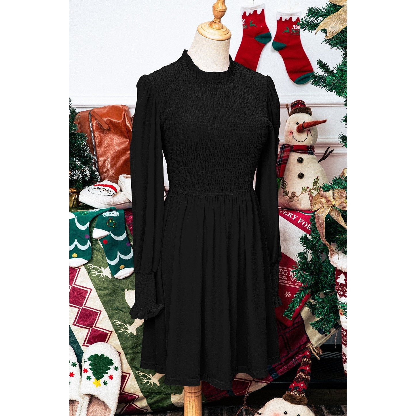 Netta Black Frilled Neck Smocked Bodice Velvet Dress