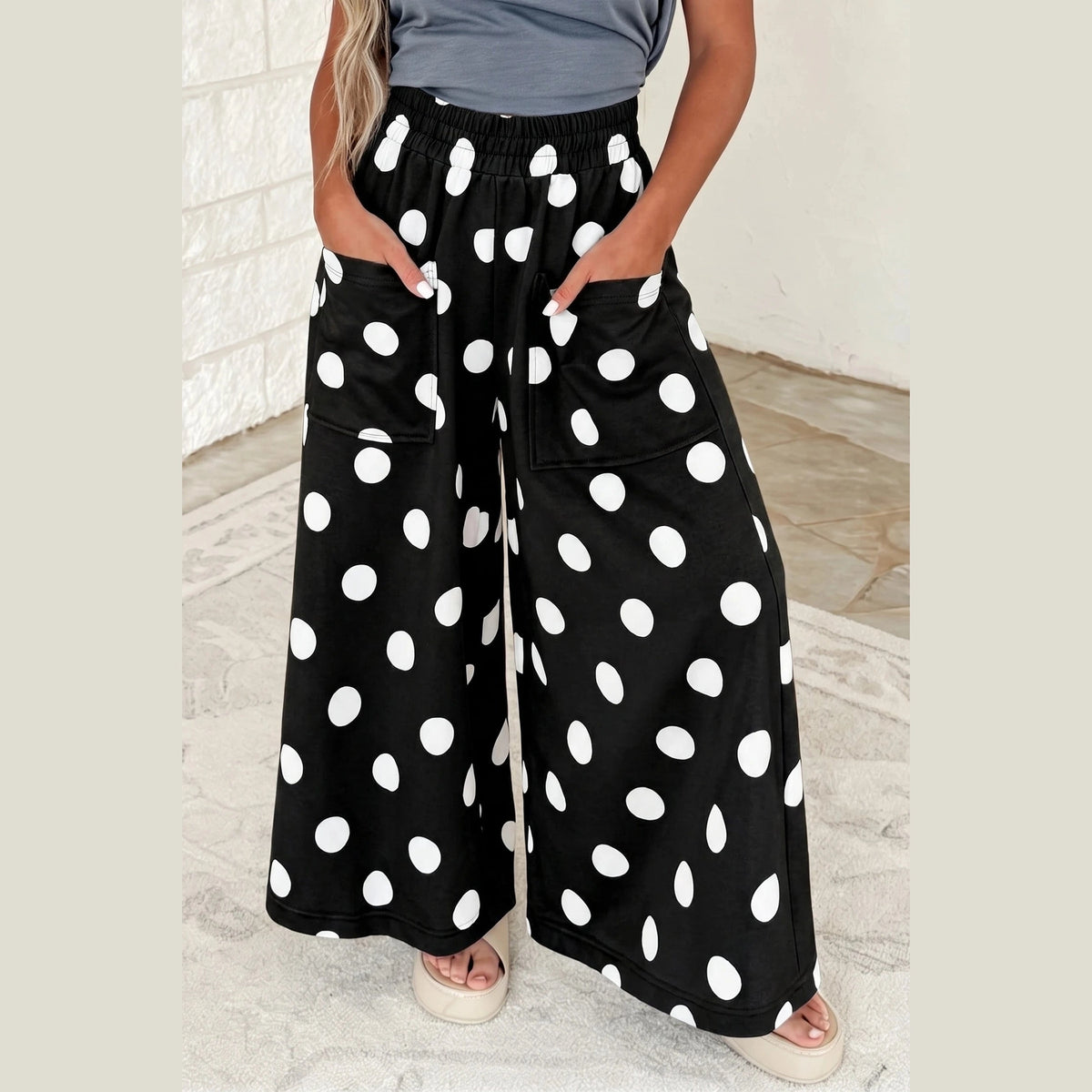 Joey Black Polka Dot Wide Leg Elastic Waist Casual Pants