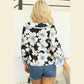 Arabella Black Floral Print Striped Tie Sleeve Collared V Neck Blouse