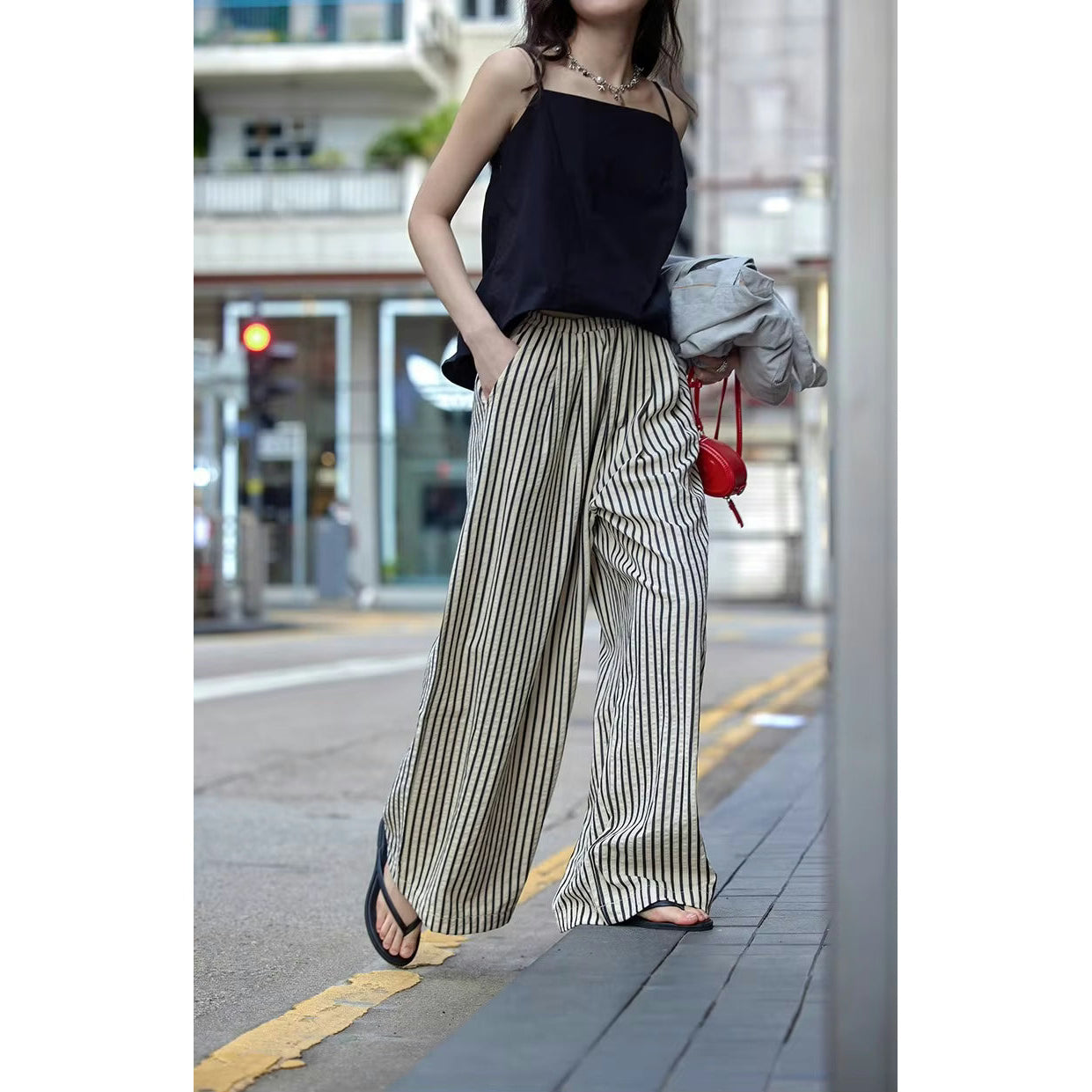 Sherie Black Stripe Elastic Waist Pants