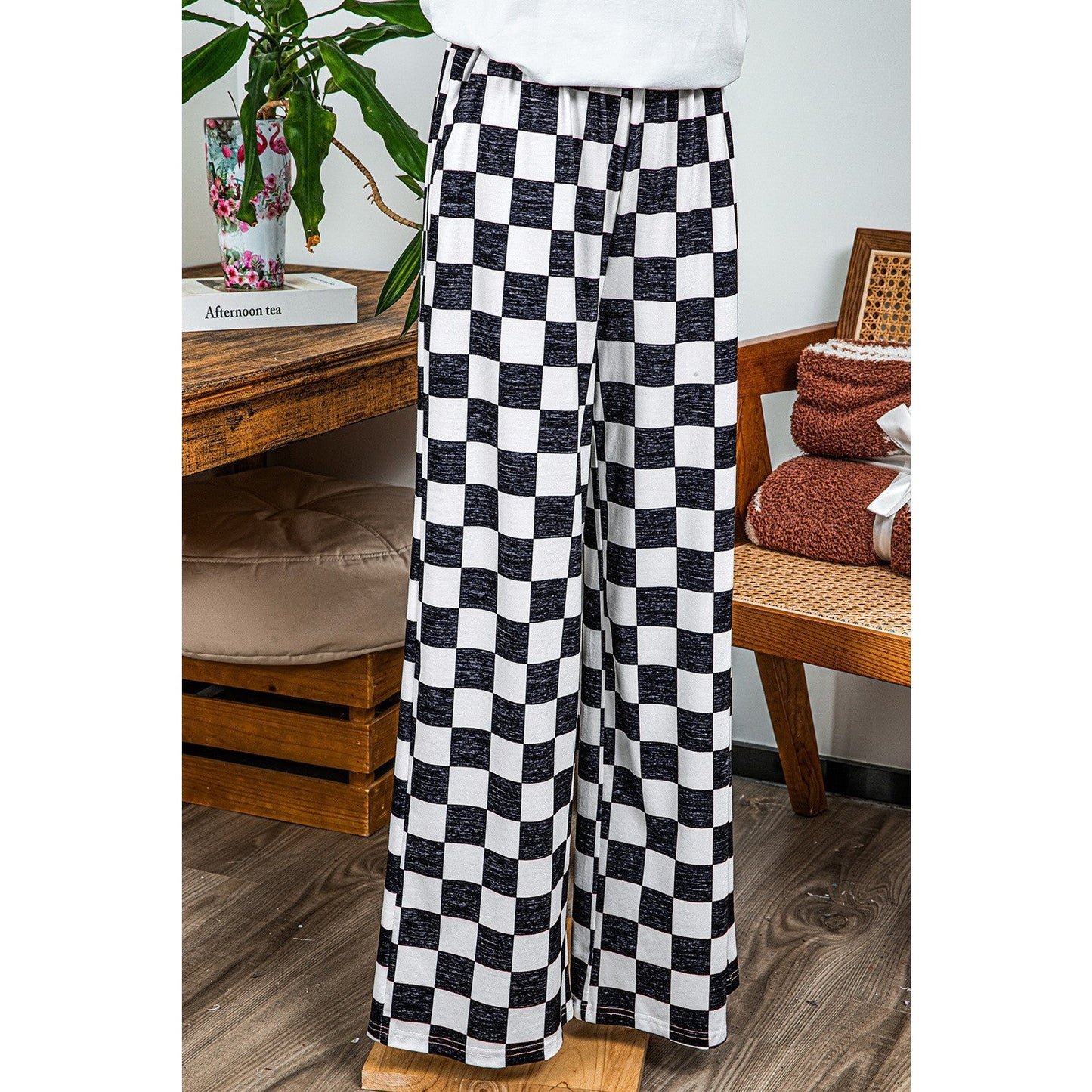 RTS Kinney Black 2-Tone Checked Print High Waist Wide Leg Pants
