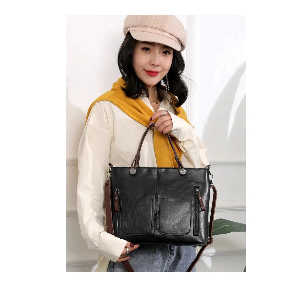 PU Leather Handbag with Dual Zippers and Front Pockets - 3 Colors