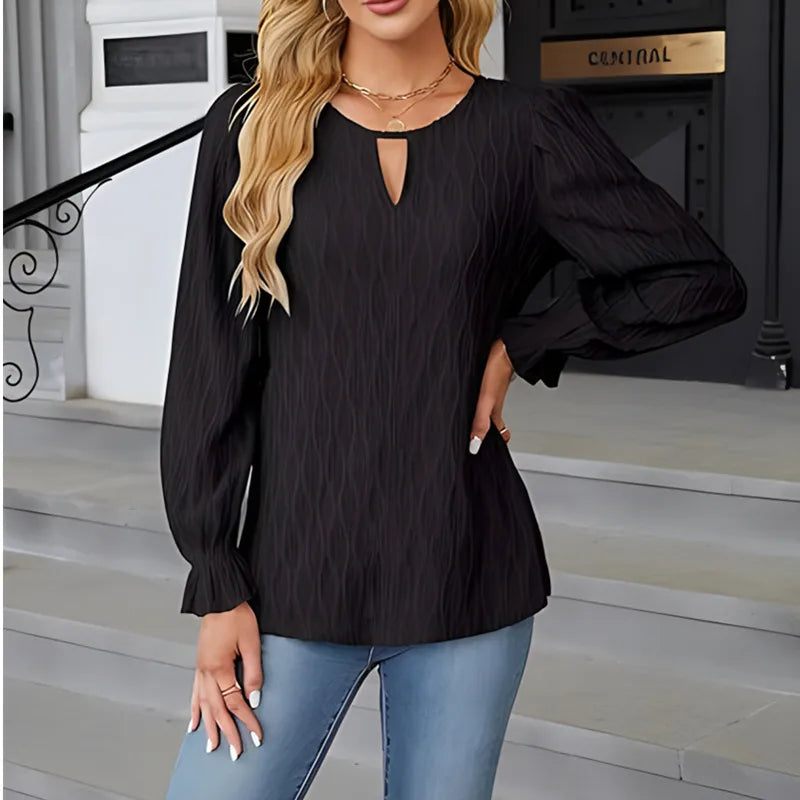 Evi Black Textured Keyhole Long Sleeve Top
