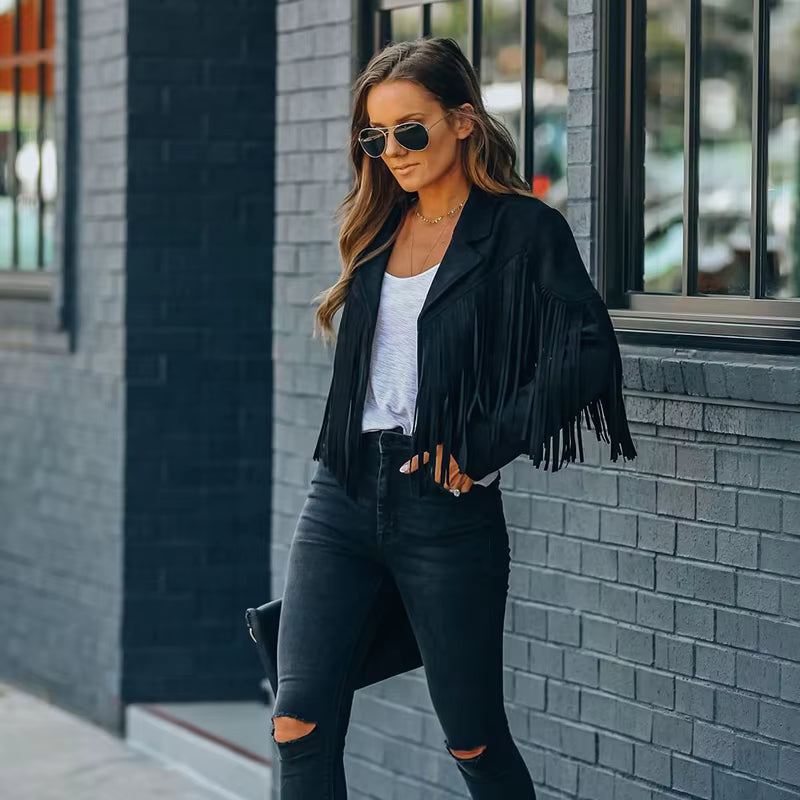 Joney Black Faux Leather Fringe Jacket