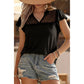 Angie Black Sheer Lace Splicing Split Neck Ruffle Short Sleeve Blouse