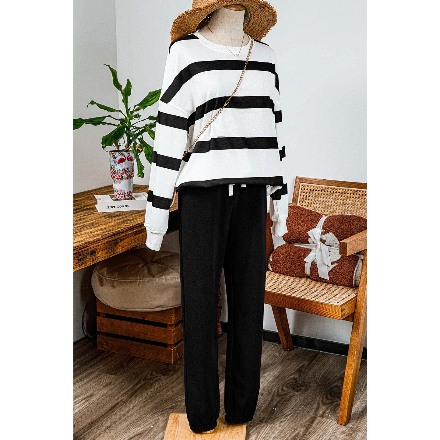 Gisselle Black Striped Drop Shoulder Pullover and Jogger Pants Set