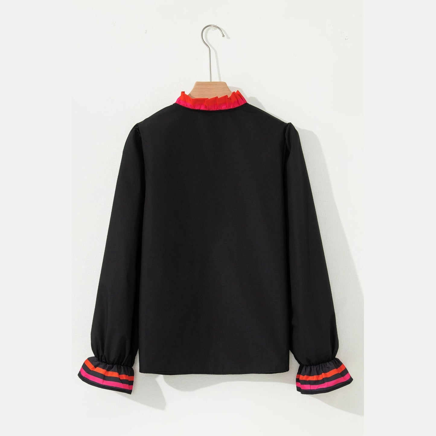 Jewell Black Striped Trim Ruffle Split Neck Long Sleeve Blouse