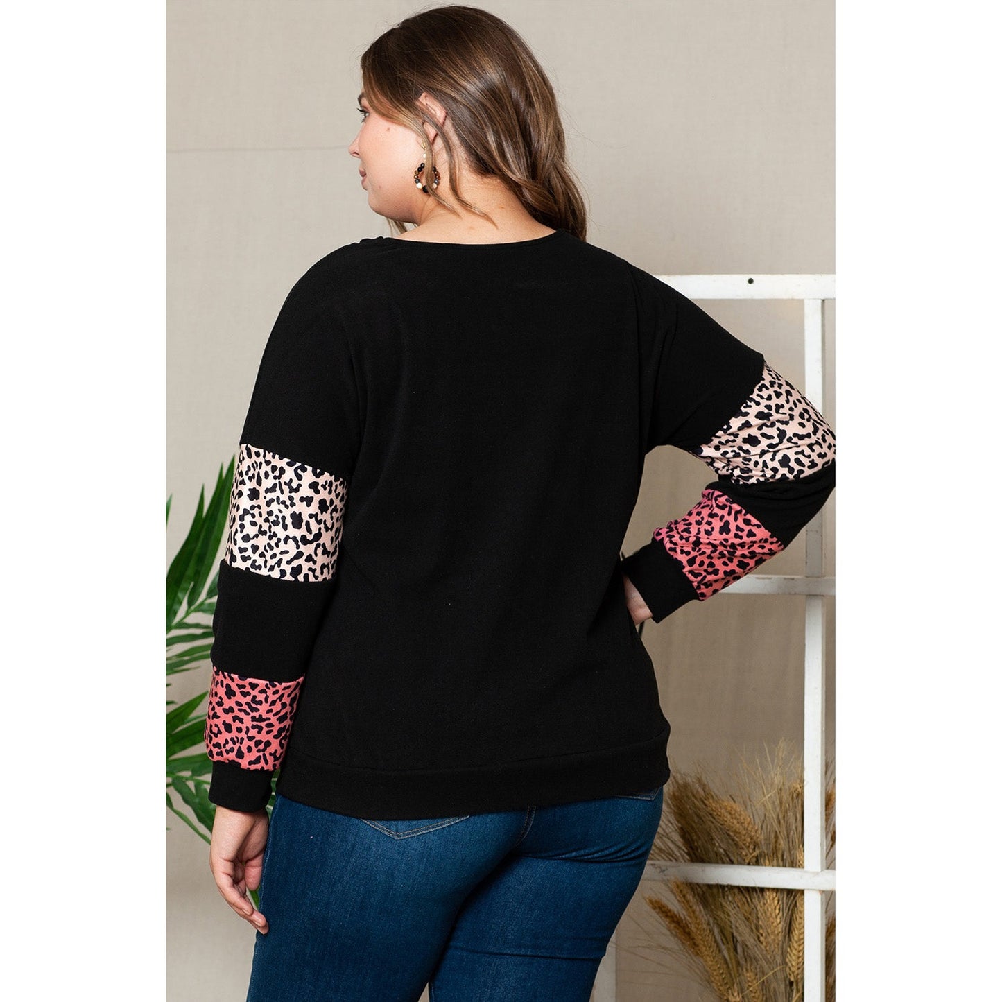 RTS Black Plus Size Leopard Patchwork Strappy Neck Top