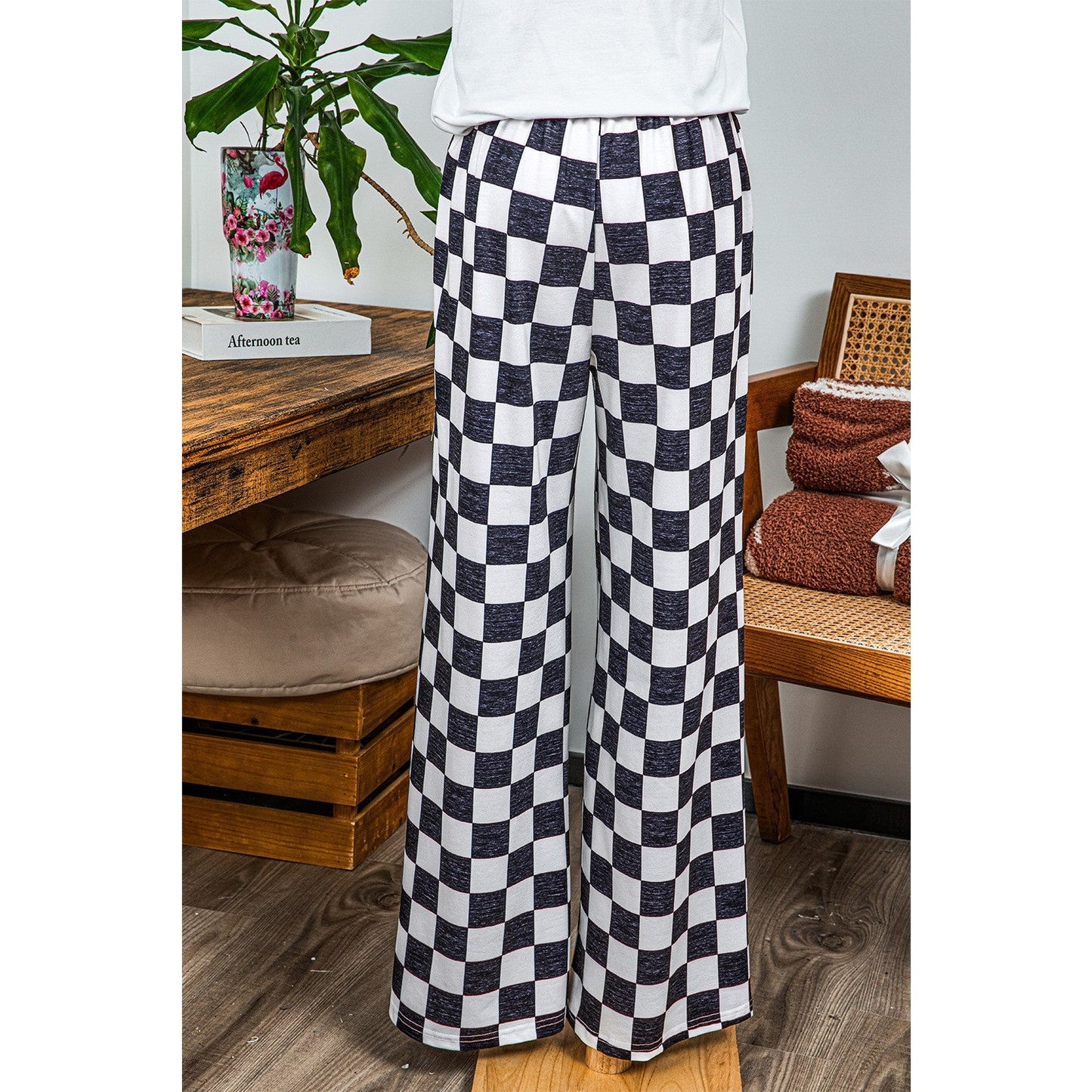 RTS Kinney Black 2-Tone Checked Print High Waist Wide Leg Pants