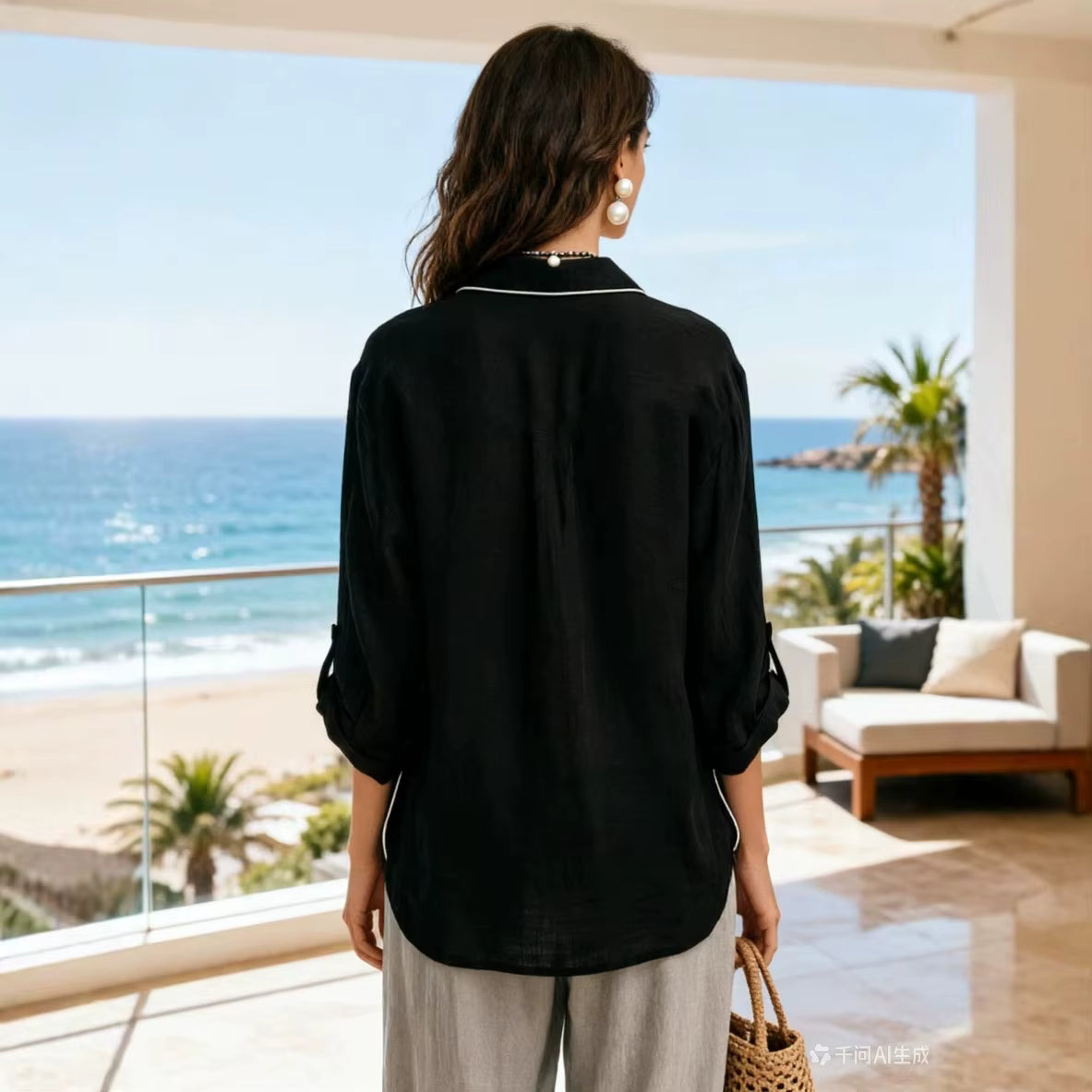 Clementine Black Contrast Piped Button‑Up Blouse