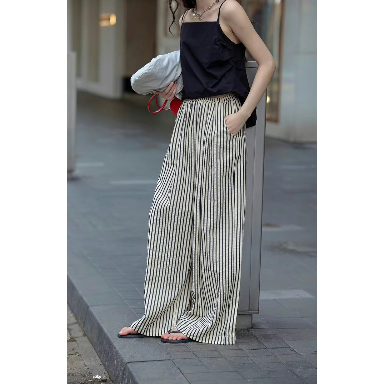 Sherie Black Stripe Elastic Waist Pants