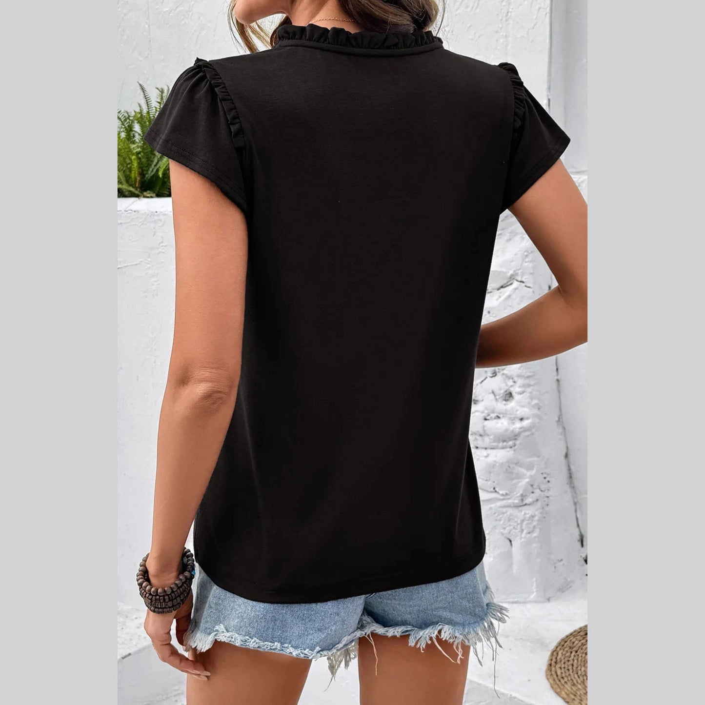 Angie Black Sheer Lace Splicing Split Neck Ruffle Short Sleeve Blouse
