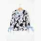 Arabella Black Floral Print Striped Tie Sleeve Collared V Neck Blouse
