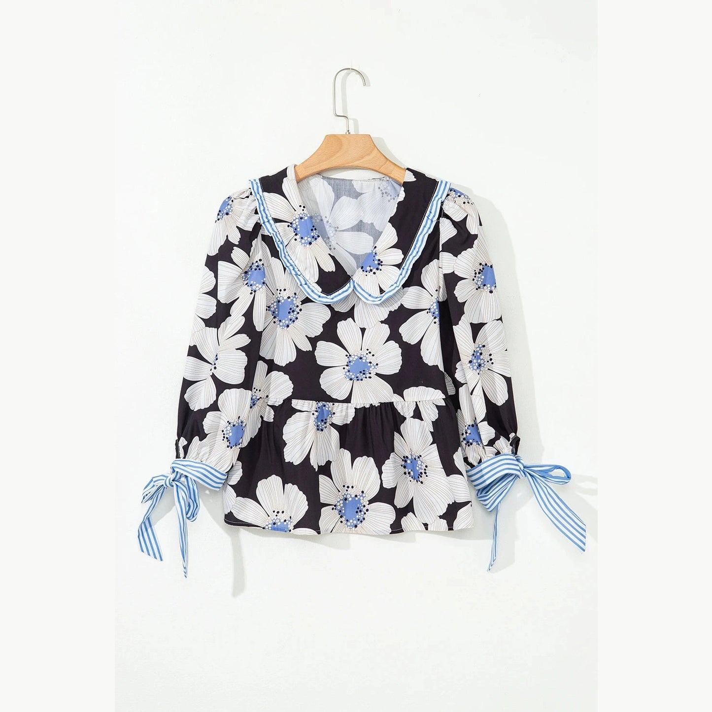 Arabella Black Floral Print Striped Tie Sleeve Collared V Neck Blouse