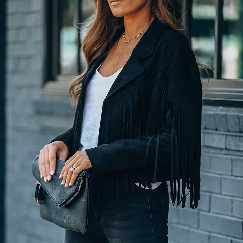 Joney Black Faux Leather Fringe Jacket