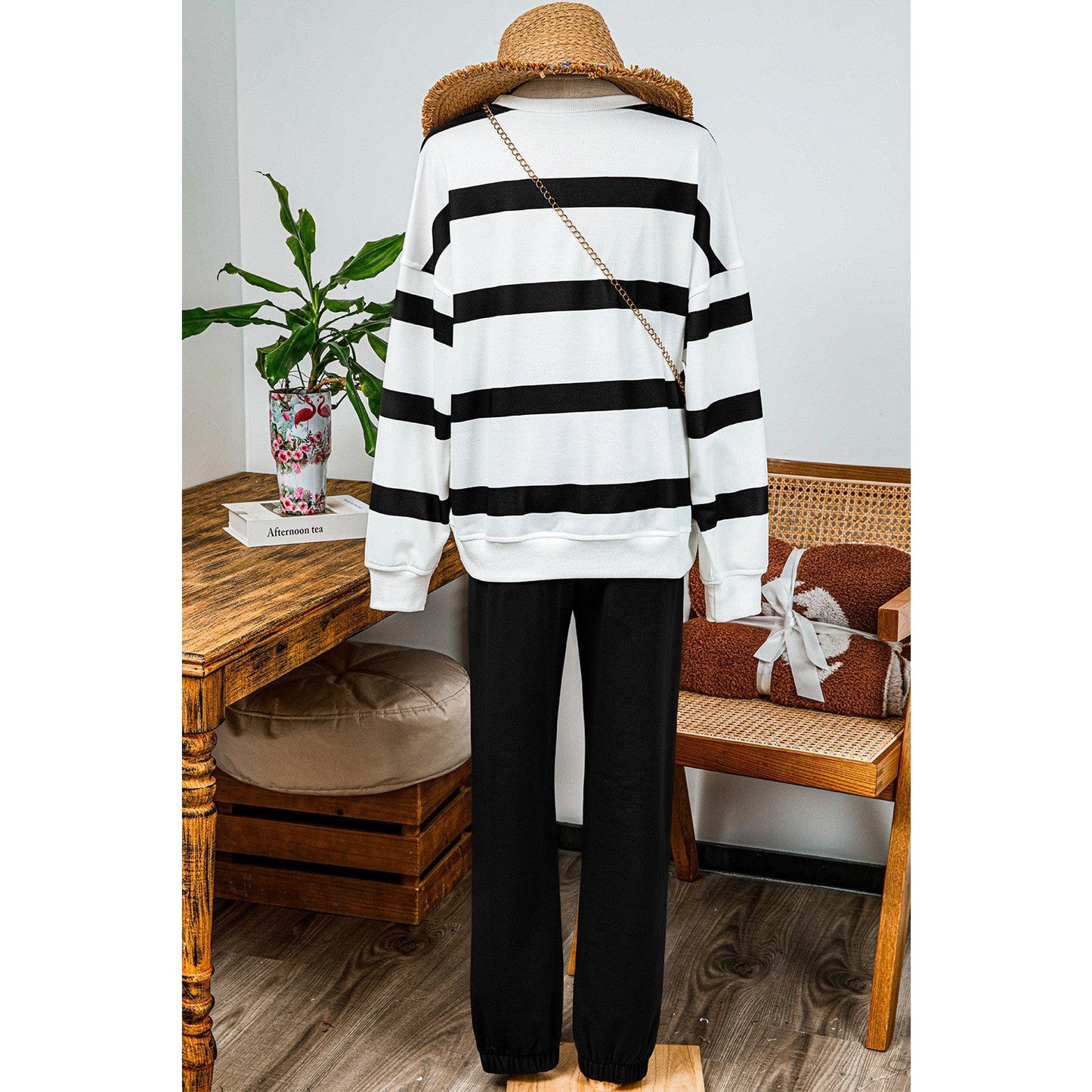 Gisselle Black Striped Drop Shoulder Pullover and Jogger Pants Set