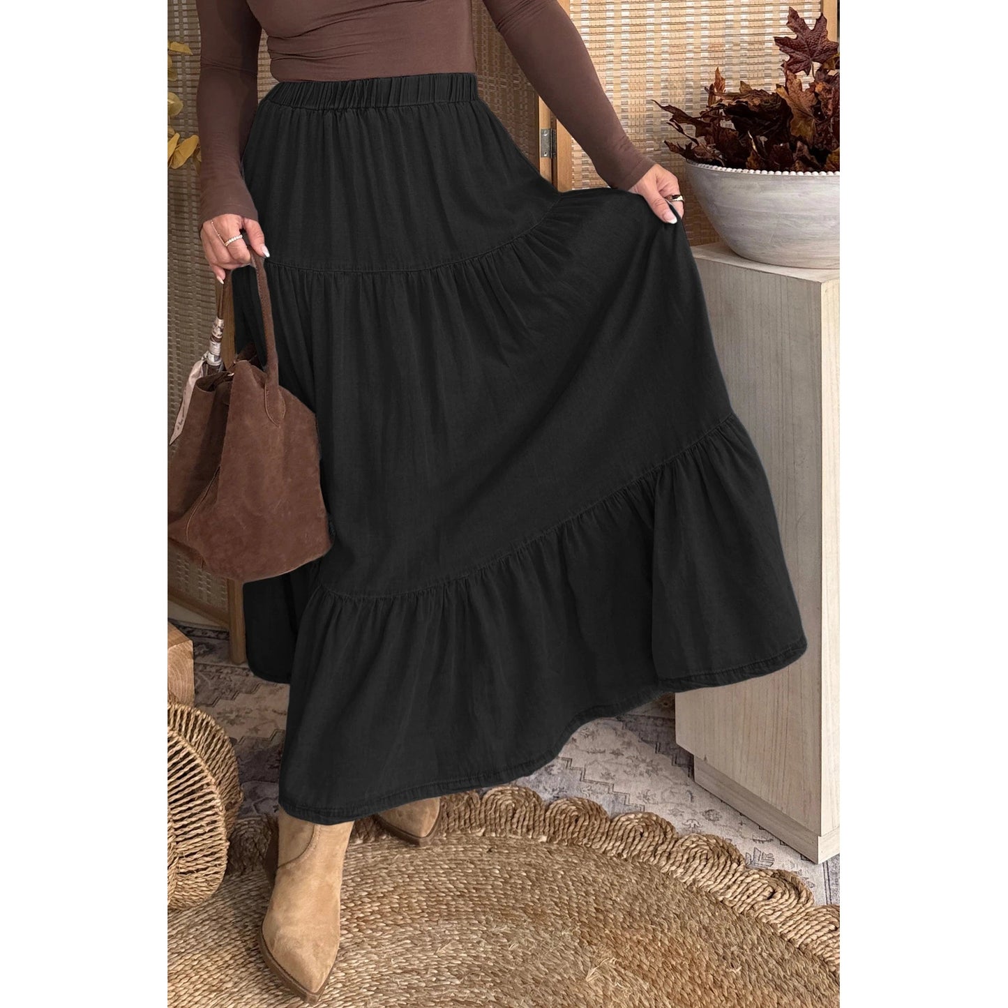 Erin Rose Black Elastic Waist Ruffled Tiered Flared Denim Maxi Skirt