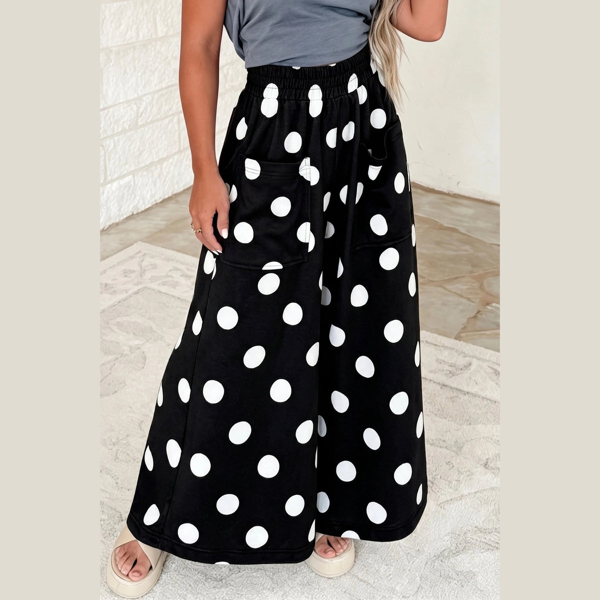 Joey Black Polka Dot Wide Leg Elastic Waist Casual Pants