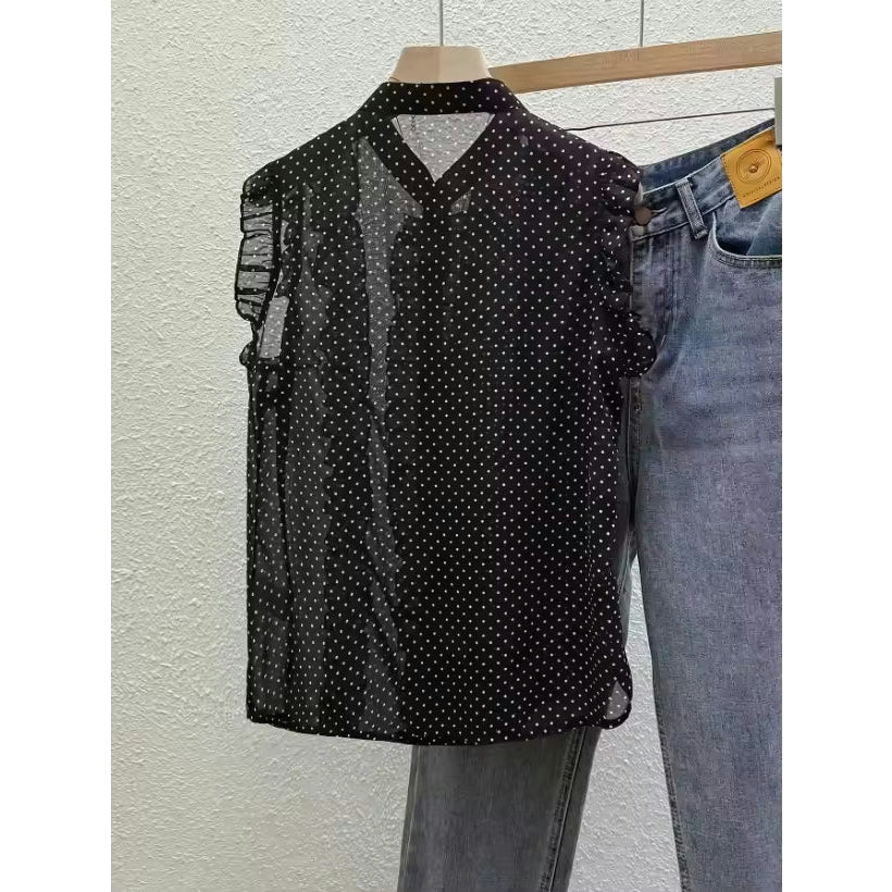 Sheree Black Ruffle Dot Sheer Chiffon Blouse