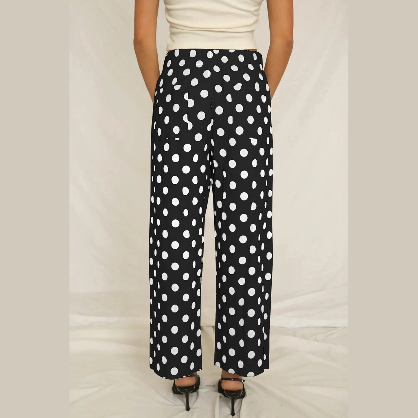 Yolanda Black Polka Dot Print Patched Pocket Loose Pants