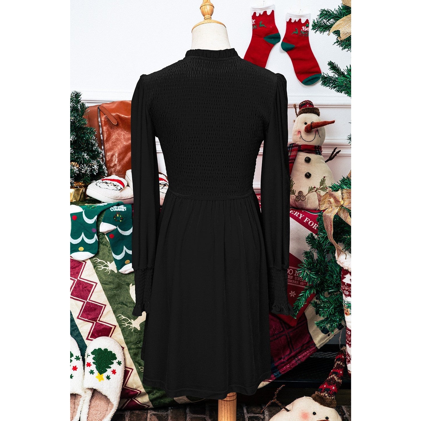 Netta Black Frilled Neck Smocked Bodice Velvet Dress